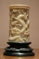 Chinese Cantonese 19th Cent Antique Carved Cow Bone Cylinder With Wood Stand, Other photo 3