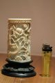 Chinese Cantonese 19th Cent Antique Carved Cow Bone Cylinder With Wood Stand, Other photo 5