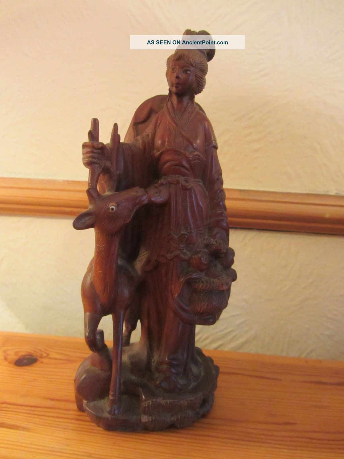 Beautifully Carved Antique 19th Century Chinese Figurine Woman With Deer Stag Woodenware photo