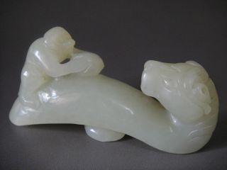 Antique Chinese Qing Dynasty Carved White Jade Monkey Belt Hook photo