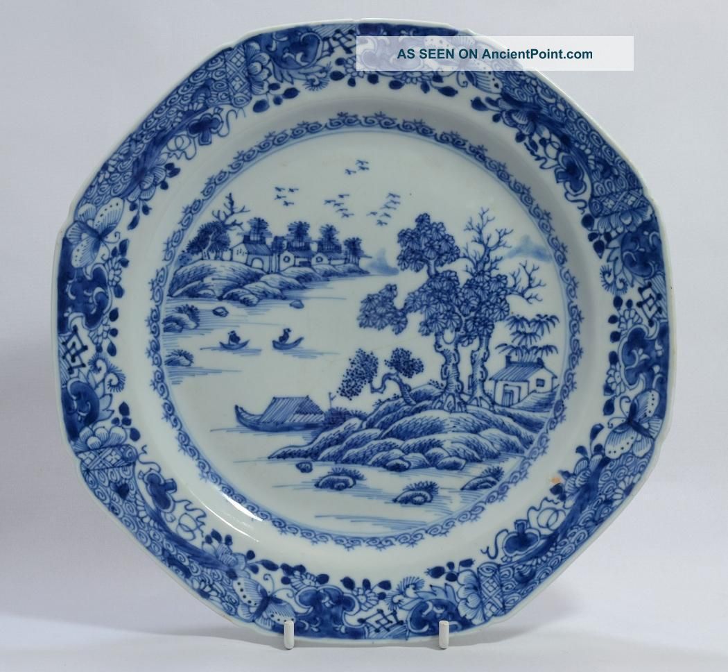 18thc Chinese Blue & White Hexagonal Plate C1770 - Landscape Pattern A/f Porcelain photo