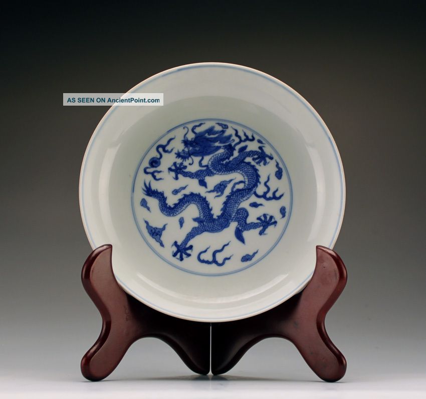 Condition Antique Chinese Kangxi Mk Blue And White Dragon Porcelain Plate Plates photo