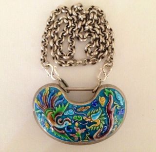 Antique Chinese Silver Link Enameled Repousse Lock Pendant Necklace photo