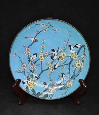 Antique Chinese Cloisonne Plate With Magpies,  Plum Blossoms,  And Seal Mark photo