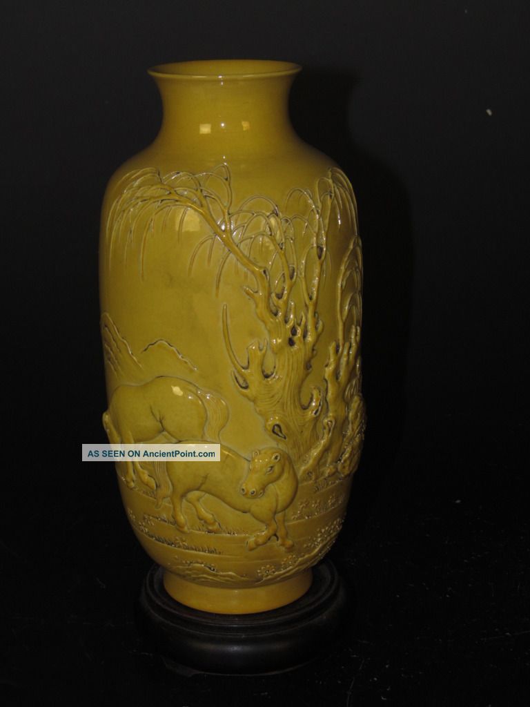 Chinese Yellow Porcelain Carve Horse Vase Vases photo