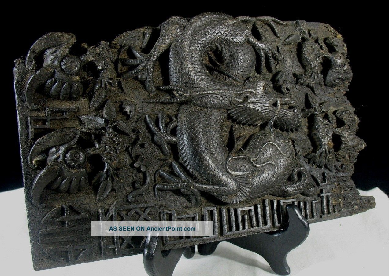 Antique Shipwreck 18th C.  Chinese Relief Carved Wooden Panel Dragons Symbols Etc Other photo