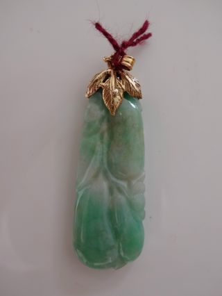 Antique Chinese Carved Jadeite Necklace Pendant 10k Gold,  Qing Dynasty photo