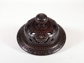 19c Chinese Inlaid Silver Wire Hardwood Jar Lid Or Vase Cover Stand photo