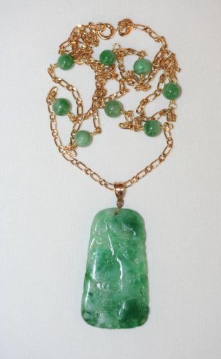 Antique Chinese Carved Rich Apple Green Jadeite Jade Pendant Beaded Necklace photo