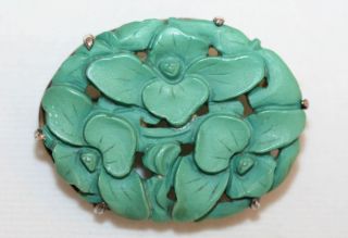 Antique Vintage Chinese Sterling Silver Carved Natural Turquoise Floral Brooch photo