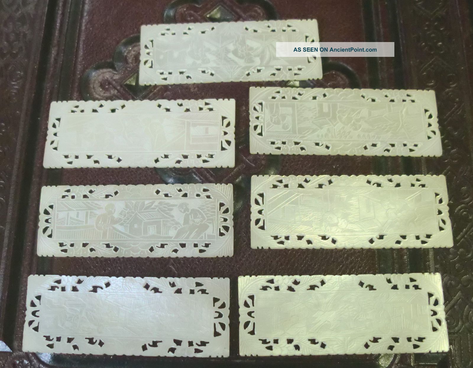 7 Antique Chinese Carved Mother Of Pearl Gaming Chips / Counters Other photo