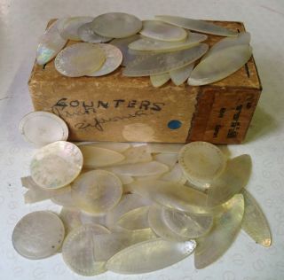 Box Of 50 Antique Chinese Mother Of Pearl Gaming Chips / Counters photo