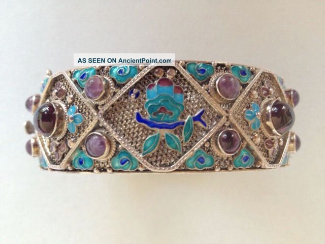 Antique Chinese Sterling Silver Filigree Enamel Amethyst Garnet Floral Bracelet Bracelets photo