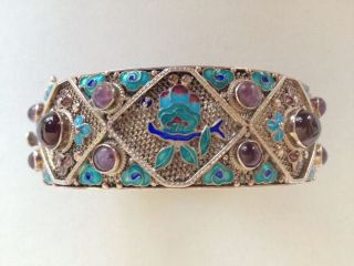 Antique Chinese Sterling Silver Filigree Enamel Amethyst Garnet Floral Bracelet photo
