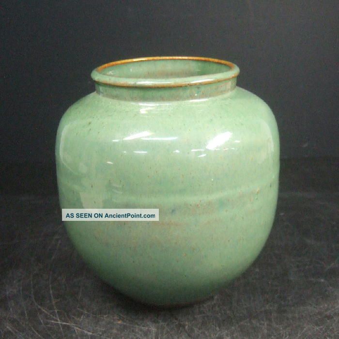 F752: Japanese Old Shigaraki Pottery Flower Vase With Good Green Glaze. Vases photo