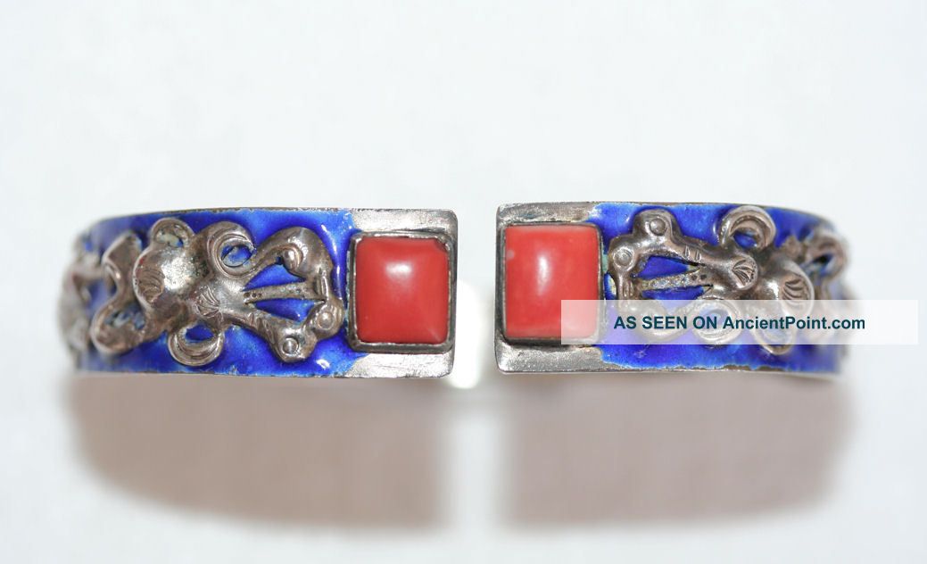 Antique Chinese Sterling Silver Repousse Enamel Coral Bracelet Hall Marked Bracelets photo