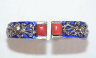 Antique Chinese Sterling Silver Repousse Enamel Coral Bracelet Hall Marked photo