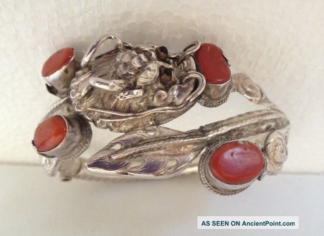 Antique Chinese Sterling Silver Repousse Red Coral Dragon Hinged Bracelet Bracelets photo