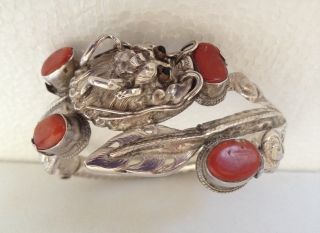 Antique Chinese Sterling Silver Repousse Red Coral Dragon Hinged Bracelet photo