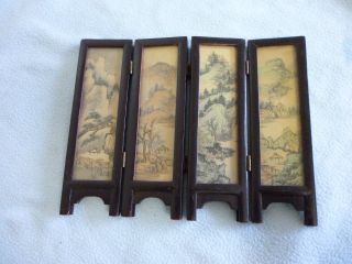 Vintage Chinese Small Four Panel Table Screen Hand Painted On Silk photo