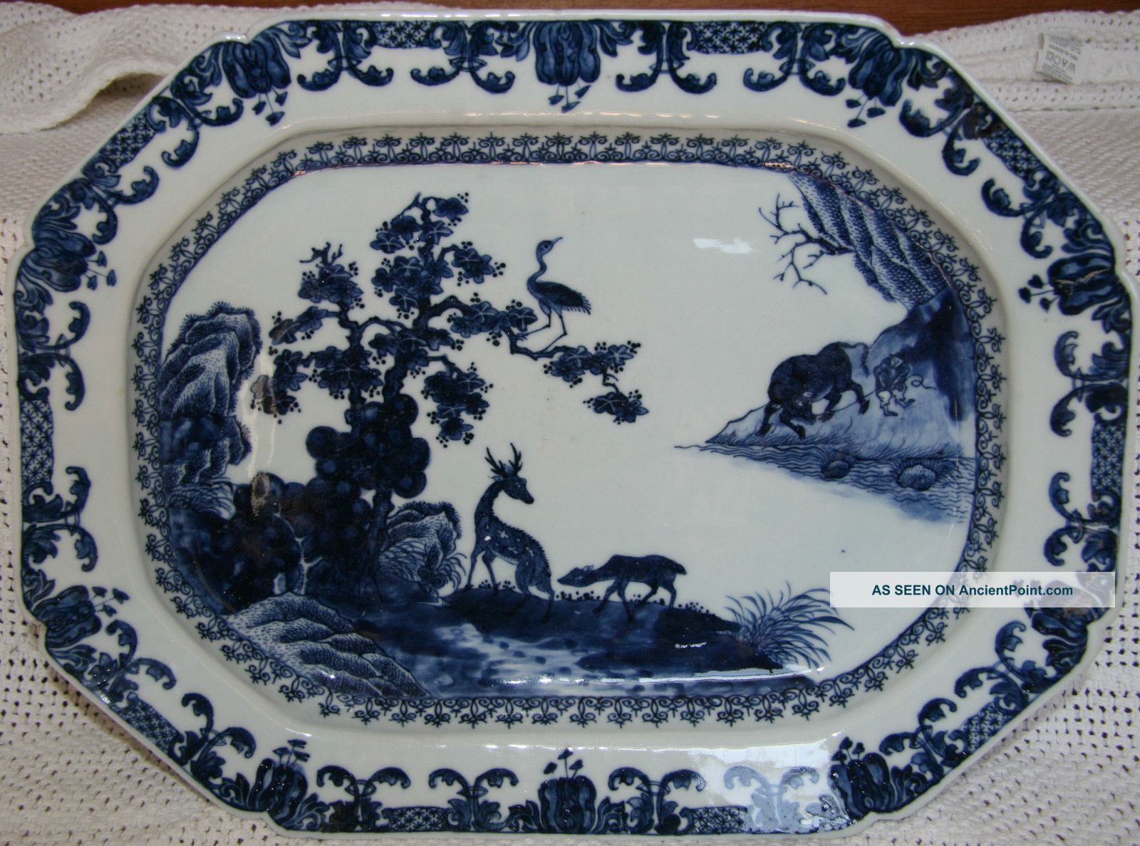 Rare Chinese Blue & White Platter With Deer Crane And Ox 18th C.  Qianlong Period Plates photo