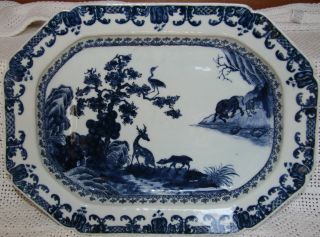 Rare Chinese Blue & White Platter With Deer Crane And Ox 18th C.  Qianlong Period photo