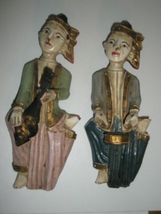 Old Carved Wood Hand - Painted Figural Circus Musicians Set Of 2 photo