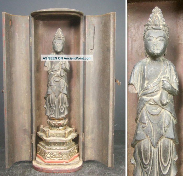 F750: Real Old Japanese Wood Carving Buddhist Statue Kannon With Zushi. Statues photo