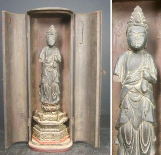 F750: Real Old Japanese Wood Carving Buddhist Statue Kannon With Zushi. photo