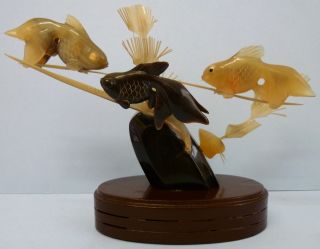 Carved Horn Goldfish Fish Koi Carp Fantail Black Moor Shell Chinese Vintage Rare photo