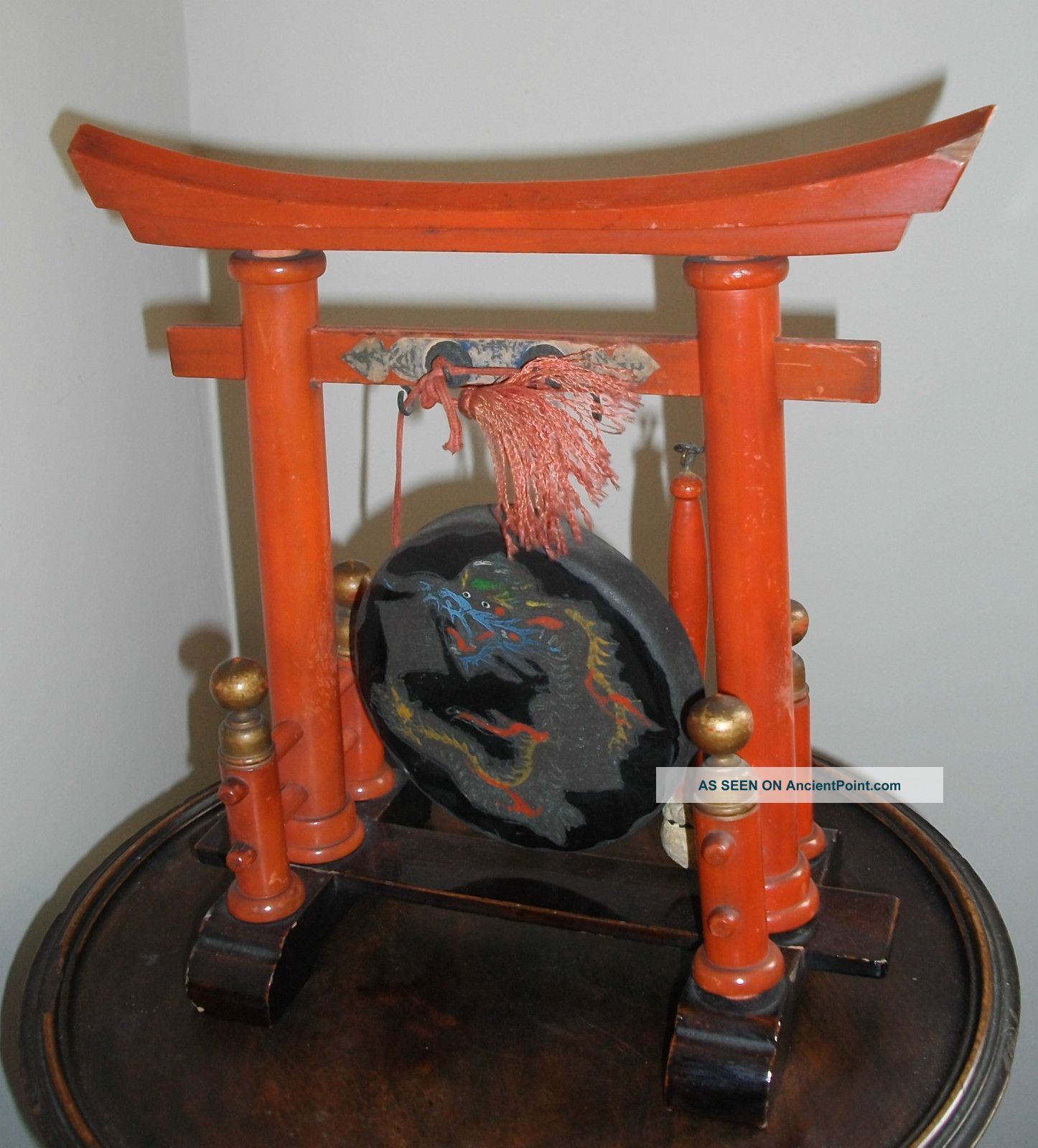 An Early 20thc Oriental Red Lacquer Table Gong Styled As A Chinese Temple Woodenware photo