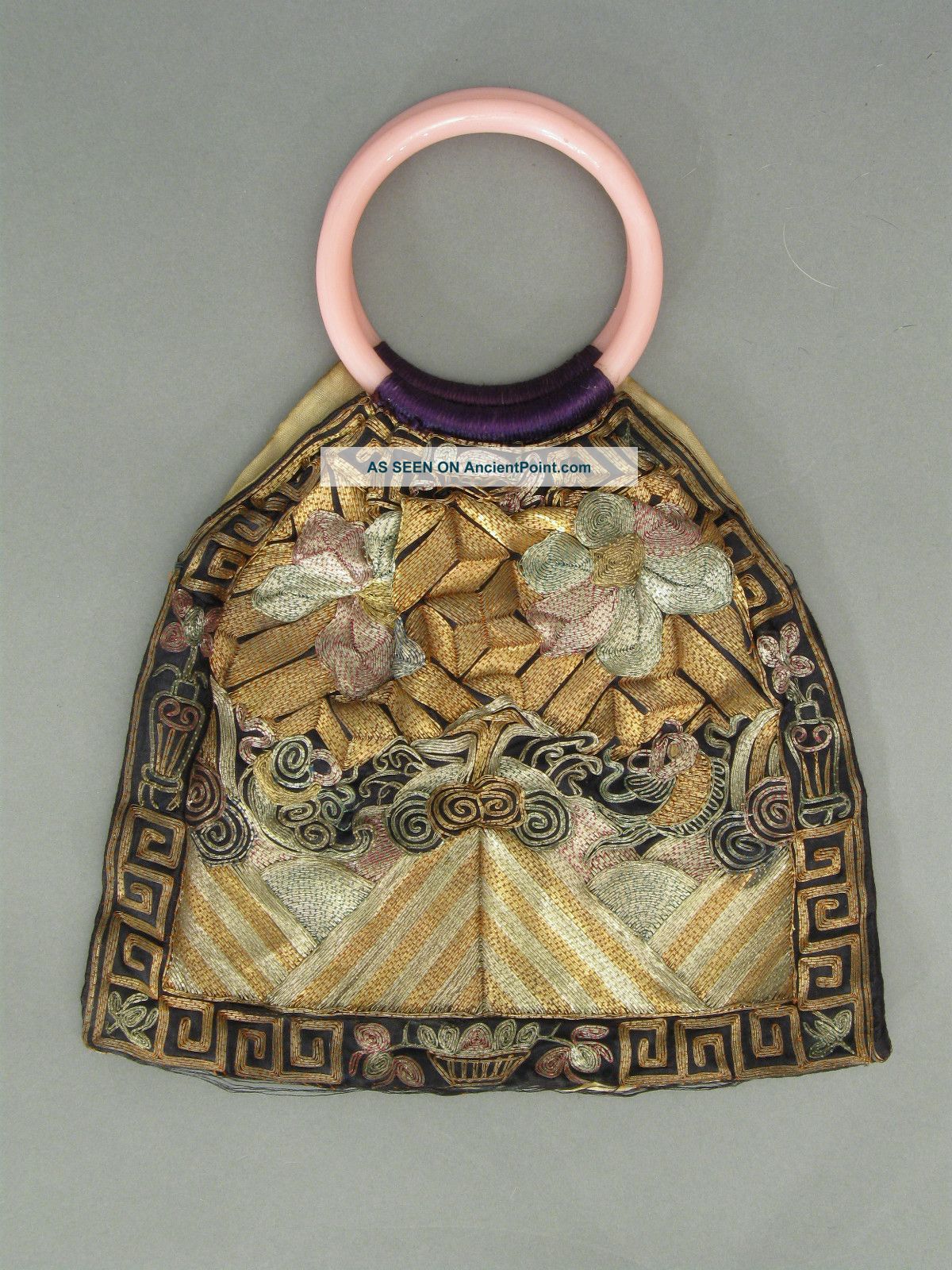 Antique Qing Dynasty Gold Embroidered Silk Badge Hand Bag Robes & Textiles photo