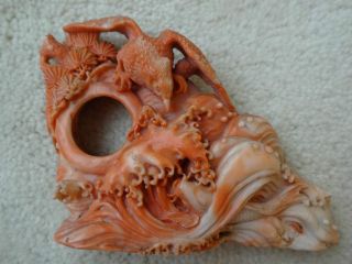 A 19th Century Chinese Antique Carved Pink Coral Waves & Bird Statue photo