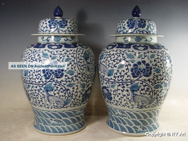 Pair Chinese Blue White Porcelain Temple Jar 22 