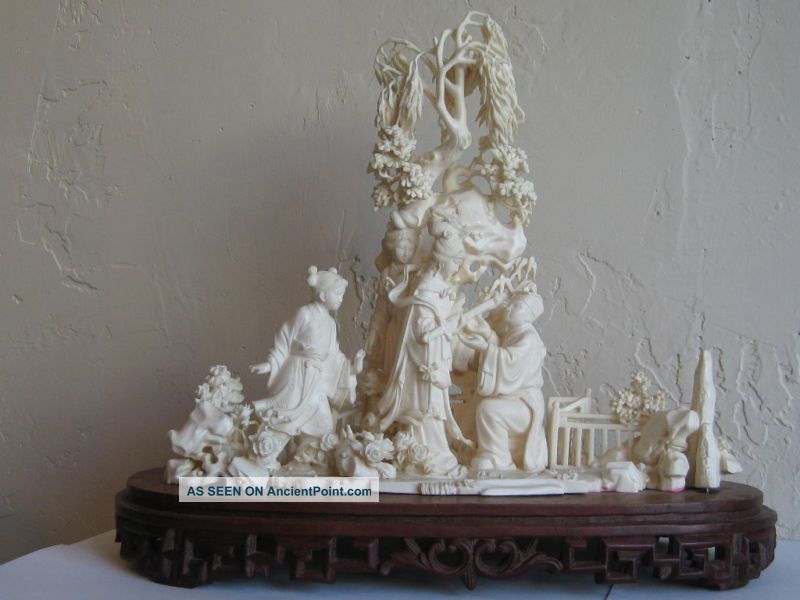 Fine Old Chinese Carved Ox Bone Imperial Court Scene Kwan-yin photo