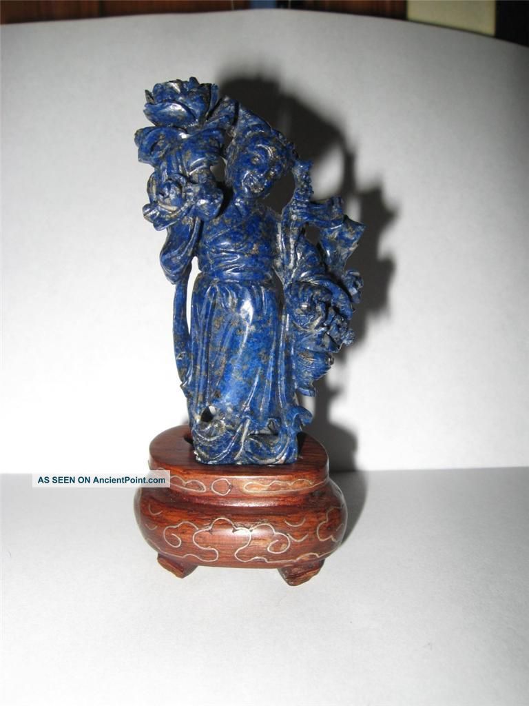 Fine Old Chinese Carved Lapis Statue Kwan Yin Silver Inlay Stand Nr Kwan-yin photo
