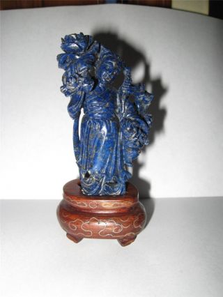 Fine Old Chinese Carved Lapis Statue Kwan Yin Silver Inlay Stand Nr photo