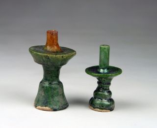 Pair Of Antique Chinese Ming Sancai Lead Glazed Josh Stick Holders photo