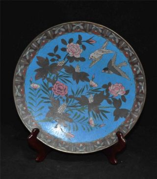 Antique Japanese Cloisonne Plate With Swallows & Flowers photo