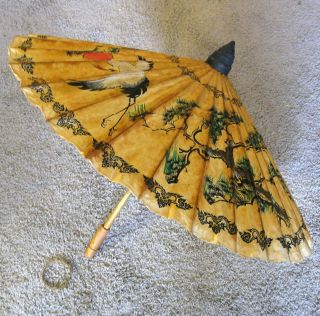 Antique Vintage Chinese Parasol Umbrella Rice Paper Bamboo Hand Painted Birds photo