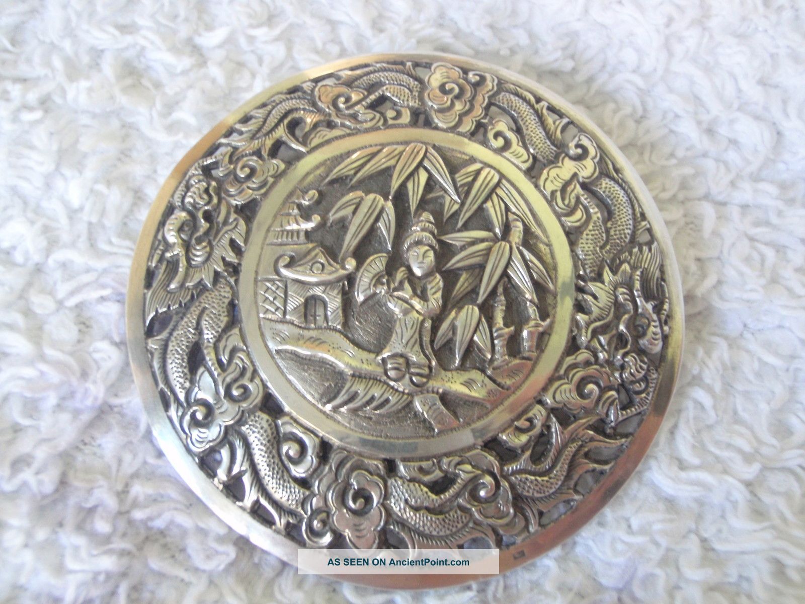 C1900 Large Chinese Export Silver Pendant / Brooch Geisha Girl & Dragons Necklaces & Pendants photo