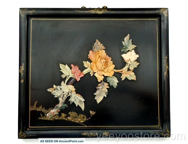Old Chinese/japanese Lacquer & Stone Shibayama Peony Panel Other photo