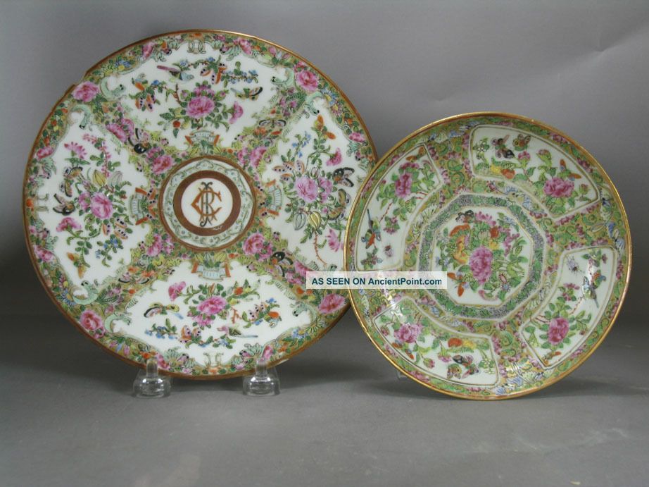 2 Fine 19th Chinese Famille Rose Plates One With Monogram Plates photo