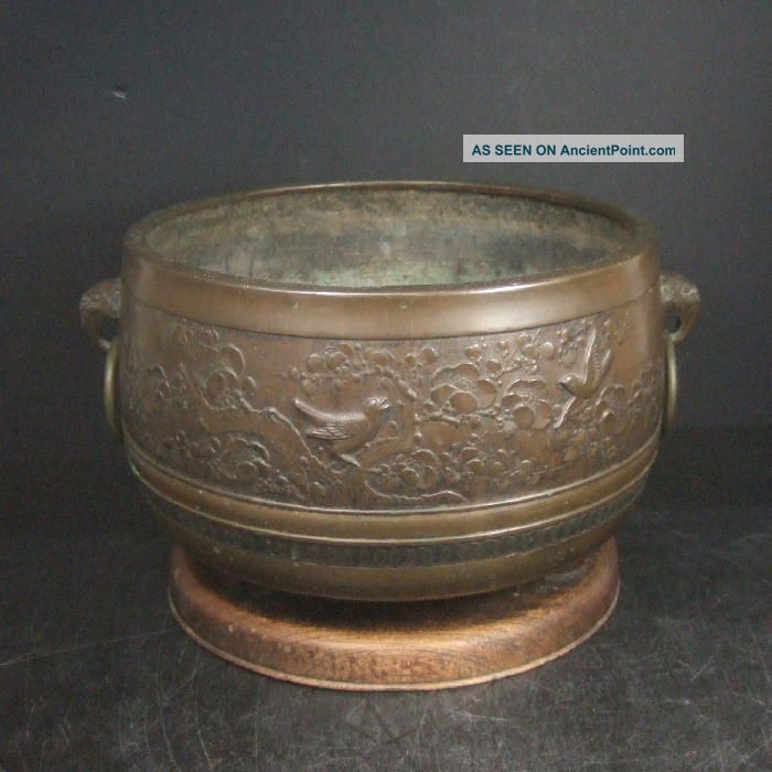 F753: Real Old Japanese Copper Binkake Brazier For Iron Teakettle With Relief Other photo