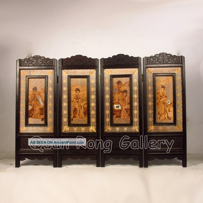 Chinese Bamboo & Hard Wood Fan & Table Screen W Ancient Beauty Nr Men, Women & Children photo