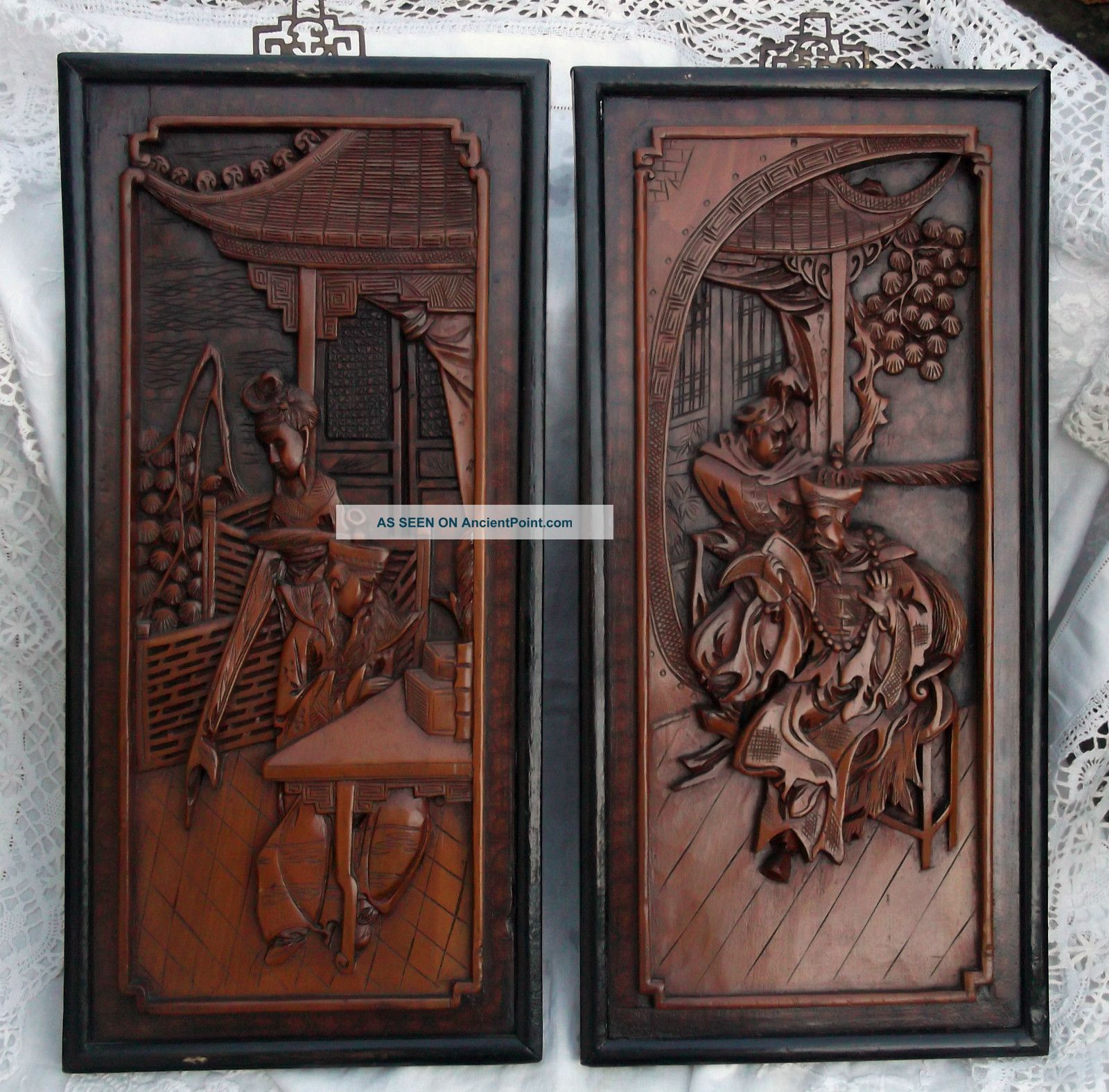 Pair Of Antique Chinese 19cth Wooden Carved Panels Woodenware photo
