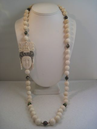 Chinese Big Faux Ivory Goddess & Buddha Beaded Necklace photo