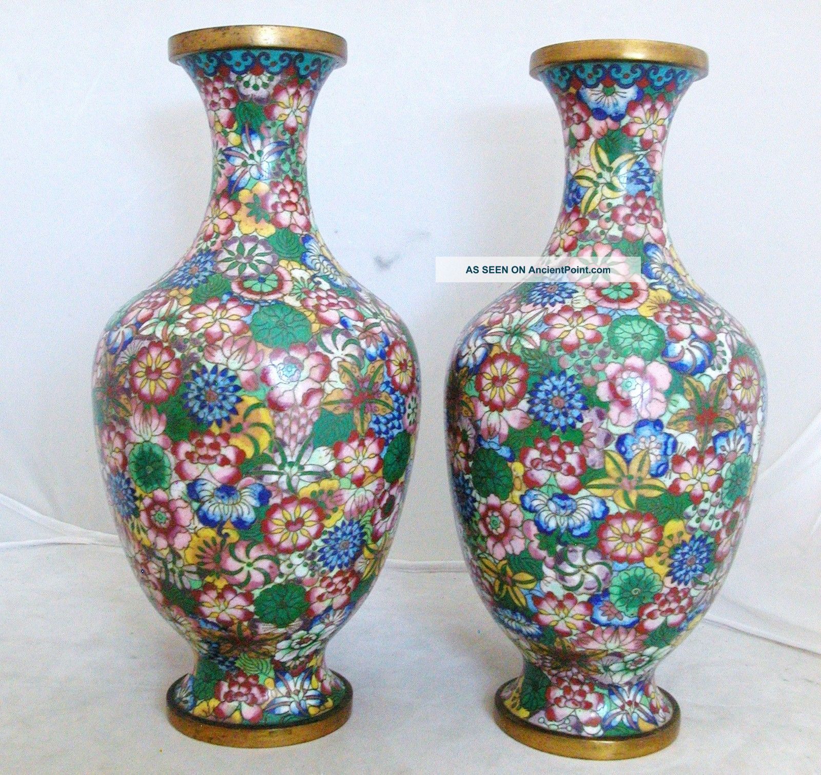 Antique Or Vintage Pair Of Chinese Chintz Style Cloisonne Flower Vases (9.  4 