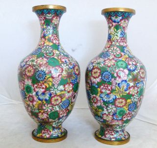 Antique Or Vintage Pair Of Chinese Chintz Style Cloisonne Flower Vases (9.  4 