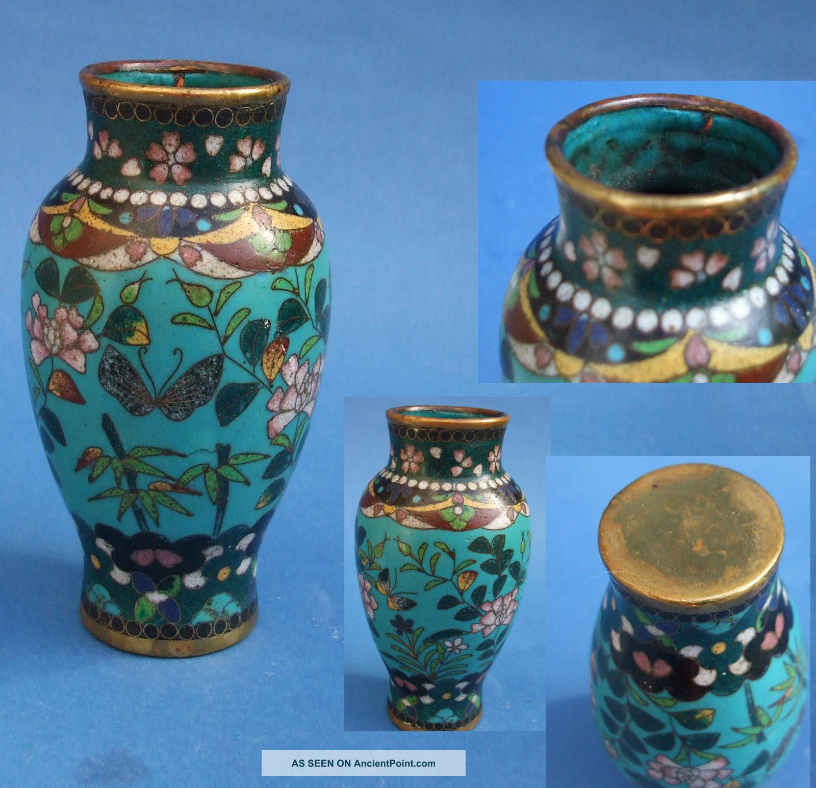 19th C Cloisonne Vase With Butterflies & Flowers.  Antique Cloisonne Vase Decorat Cloisonne photo